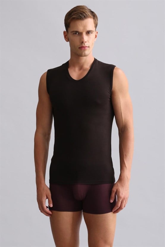 Mısırlı Modal by TENCEL HERCULES Slim Fit V Yaka Sporcu Atlet / T-Shirt Kahverengi