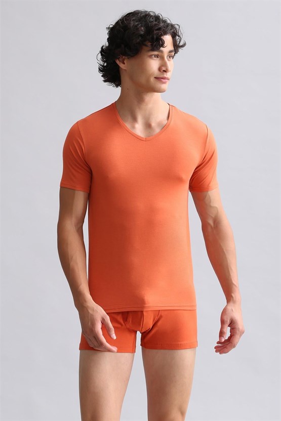 Mısırlı Modal by TENCEL HERCULES Slim Fit V Yaka Fanila / T-Shirt Pas Kırmızı