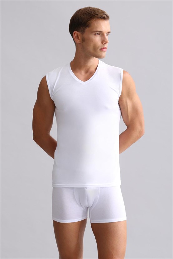 Mısırlı Modal by TENCEL HERCULES Slim Fit V Yaka Sporcu Atlet / T-Shirt Beyaz