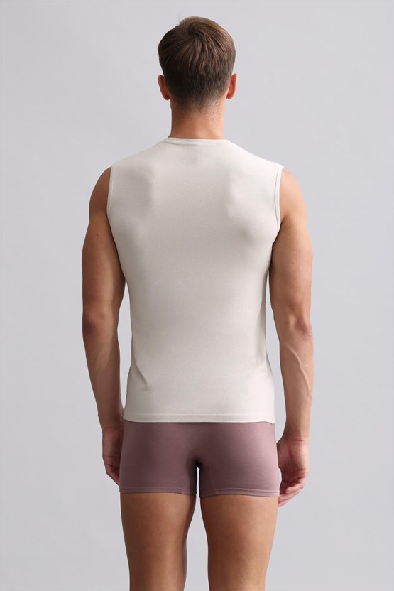 Mısırlı Modal by TENCEL HERCULES Slim Fit V Yaka Sporcu Atlet / T-Shirt Toprak Bej