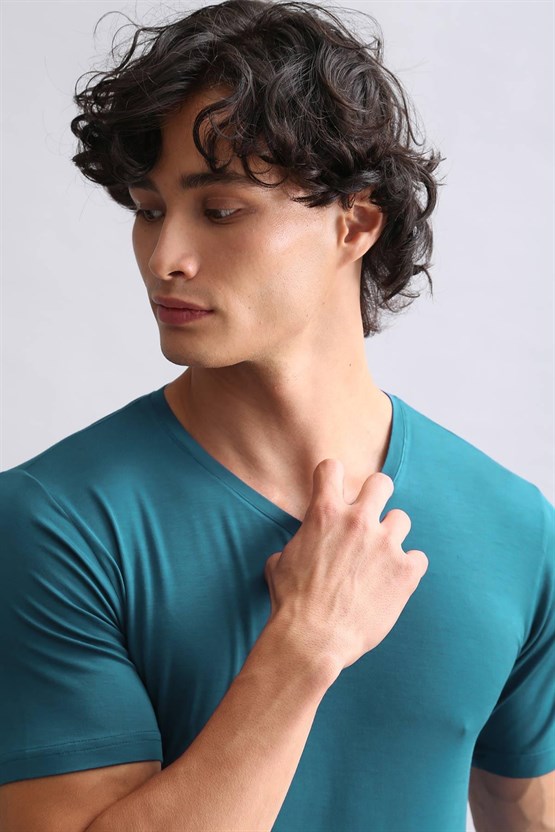 Mısırlı Modal by TENCEL HERCULES Slim Fit V Yaka Fanila / T-Shirt Fit Green