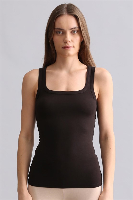 Mısırlı Modal by TENCEL U HELEN Kalın Askılı Long T-Shirt / Atlet Kahverengi