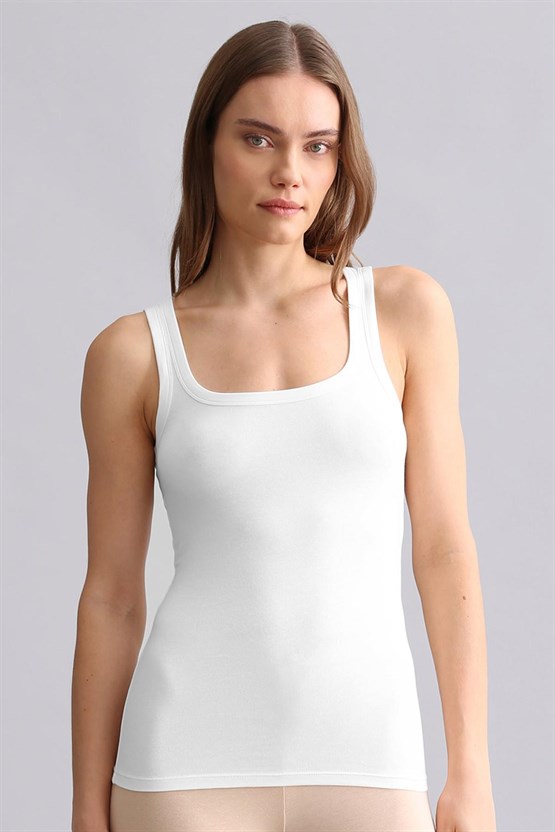 Mısırlı Modal by TENCEL U HELEN Kalın Askılı Long T-Shirt / Atlet Beyaz