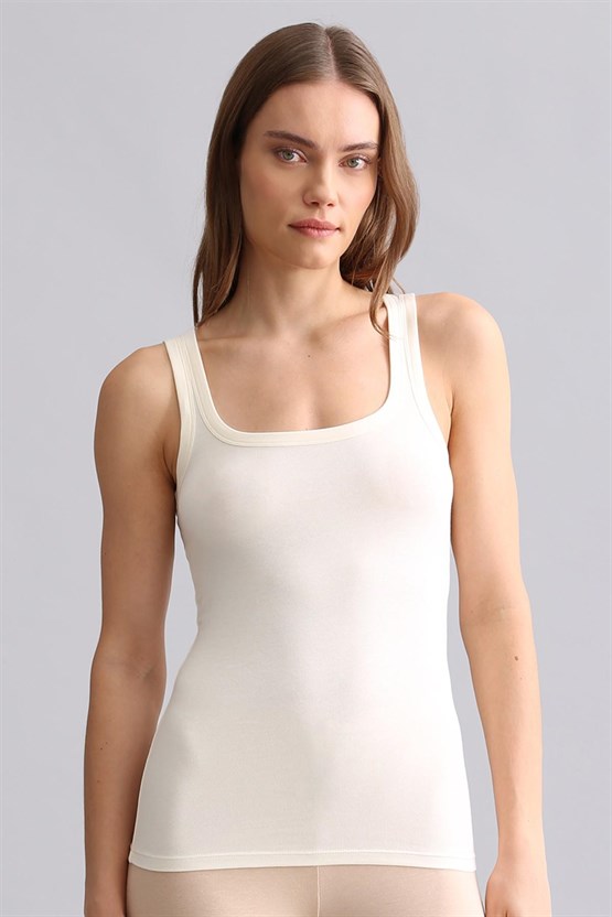 Mısırlı Modal by TENCEL U HELEN Kalın Askılı Long T-Shirt / Atlet Ekru