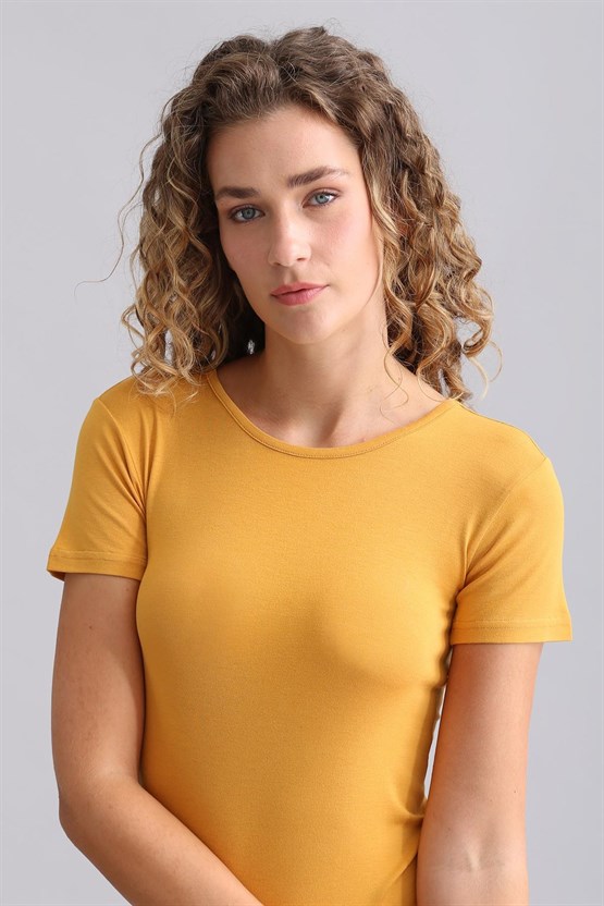 Mısırlı Modal by TENCEL VICTORIA Bisiklet Yaka Fanila / T-Shirt Hardal