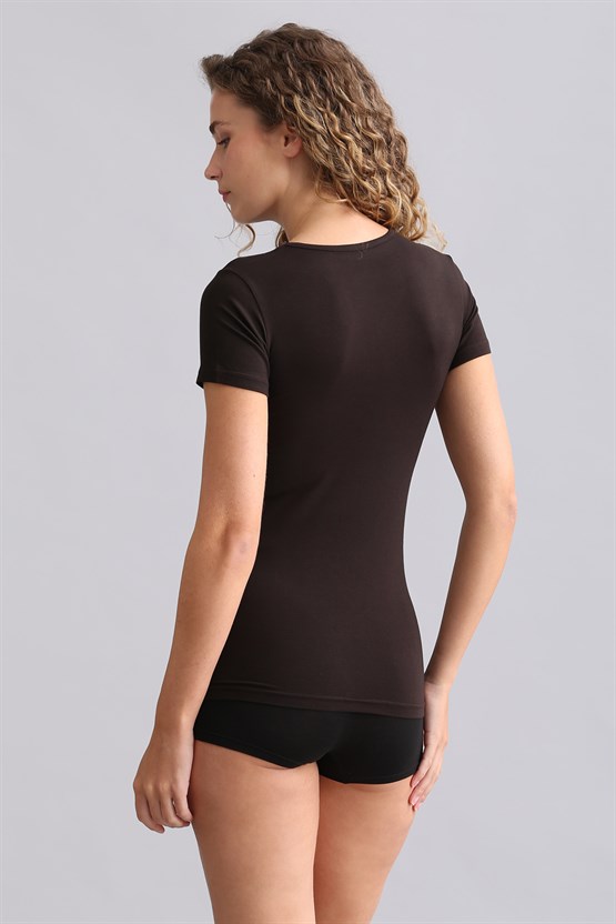 Mısırlı Modal by TENCEL VICTORIA Bisiklet Yaka Fanila / T-Shirt Kahverengi