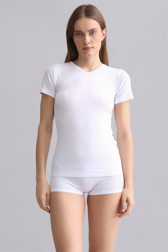 Mısırlı Modal by TENCEL VICTORIA V Yaka Fanila / T-Shirt Beyaz
