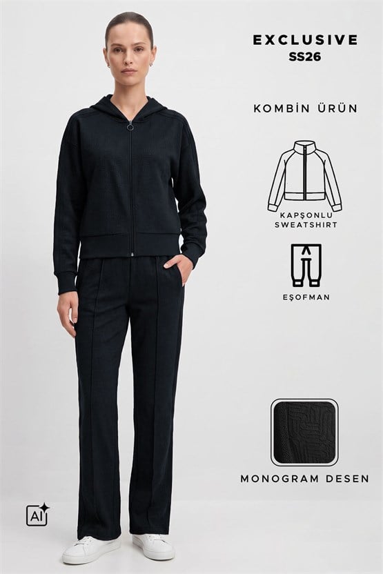 Mısırlı Monogram Desen Ceket Pantolon Takım Siyah
