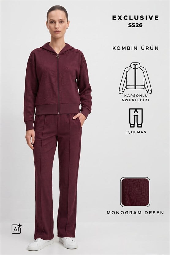 Mısırlı Monogram Desen Ceket Pantolon Takım Bordo