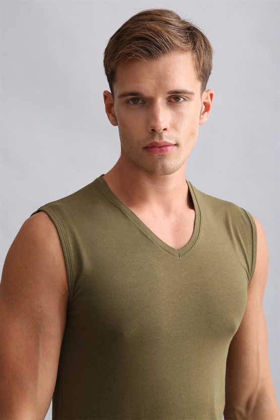 Mısırlı ORGANIC Pamuklu HERCULES Slim Fit V Yaka Sporcu Atlet / T-Shirt Koyu Haki