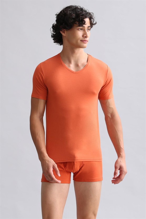 Mısırlı ORGANIC Pamuklu HERCULES Slim Fit V Yaka Fanila / T-Shirt Pas Krmızı