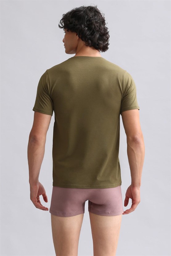 Mısırlı ORGANIC Pamuklu HERCULES Slim Fit V Yaka Fanila / T-Shirt Koyu Haki