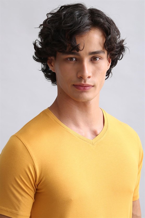 Mısırlı ORGANIC Pamuklu HERCULES Slim Fit V Yaka Fanila / T-Shirt Hardal