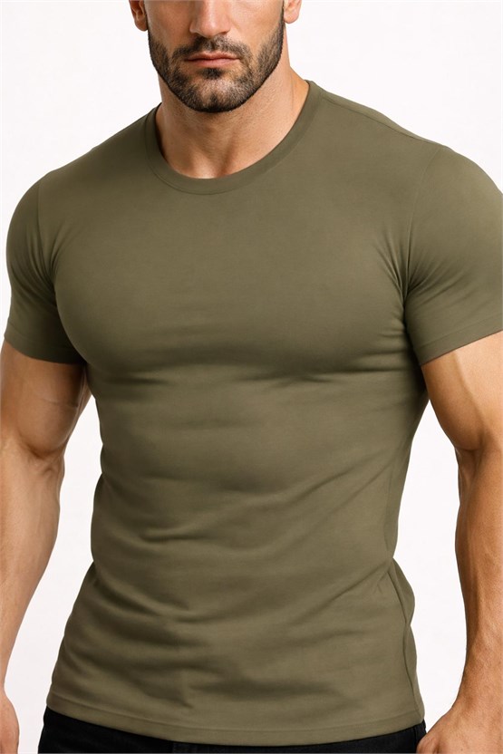Mısırlı ORGANIC Pamuklu HERCULES Slim Fit Bisiklet Yaka Fanila Koyu Haki