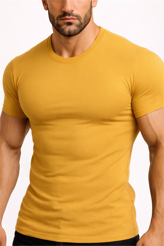 Mısırlı ORGANIC Pamuklu HERCULES Slim Fit Bisiklet Yaka Fanila Hardal