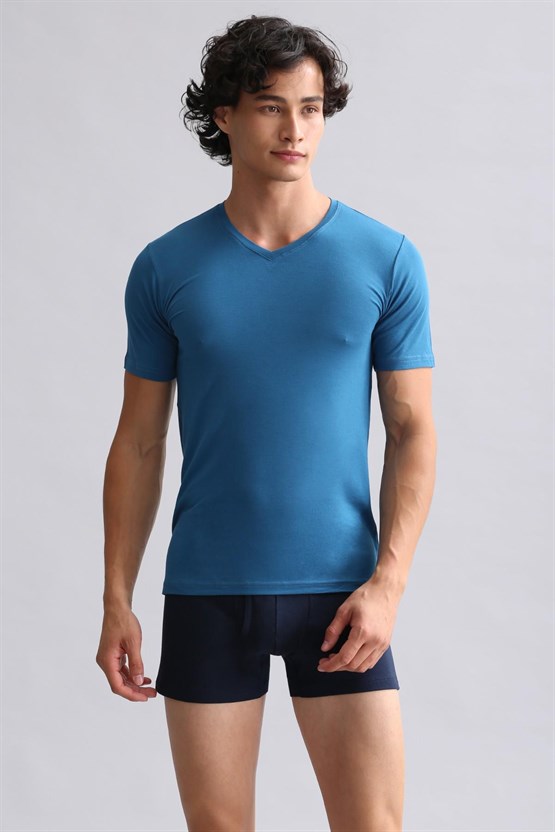 Mısırlı ORGANIC Pamuklu HERCULES Slim Fit V Yaka Fanila / T-Shirt Petrol