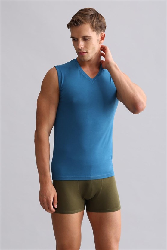 Mısırlı ORGANIC Pamuklu HERCULES Slim Fit V Yaka Sporcu Atlet / T-Shirt Petrol