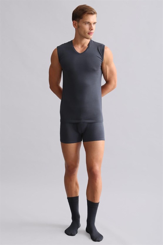 Mısırlı ORGANIC Pamuklu HERCULES Slim Fit V Yaka Sporcu Atlet / T-Shirt Antrasit