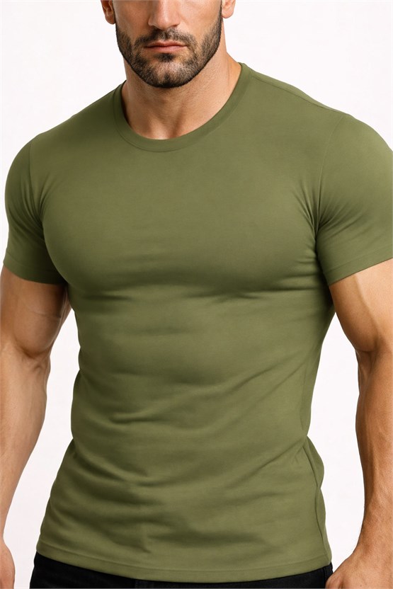 Mısırlı ORGANIC Pamuklu HERCULES Slim Fit Bisiklet Yaka Fanila Haki
