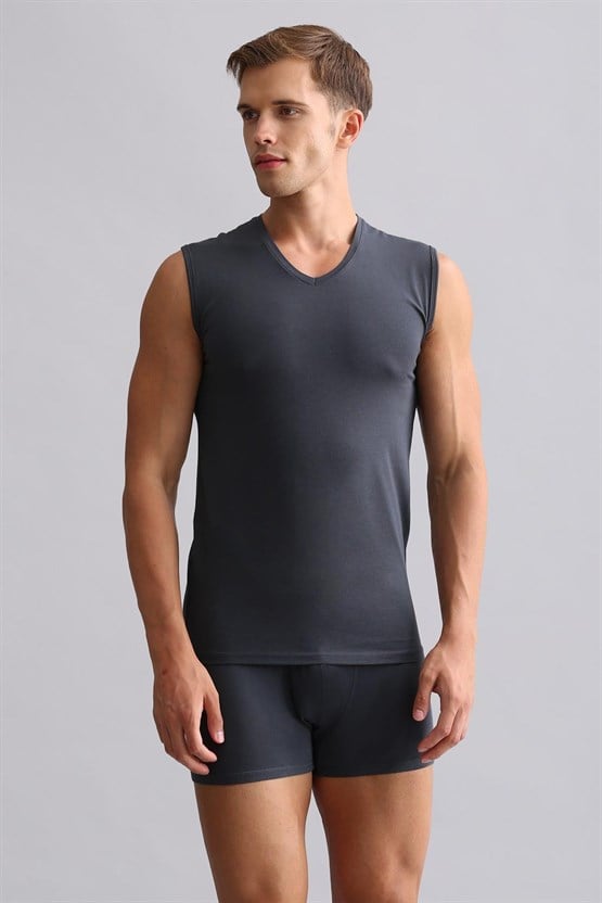 Mısırlı ORGANIC Pamuklu HERCULES Slim Fit V Yaka Sporcu Atlet / T-Shirt Antrasit