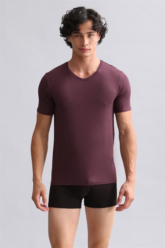 Mısırlı ORGANIC Pamuklu HERCULES Slim Fit V Yaka Fanila / T-Shirt Mor