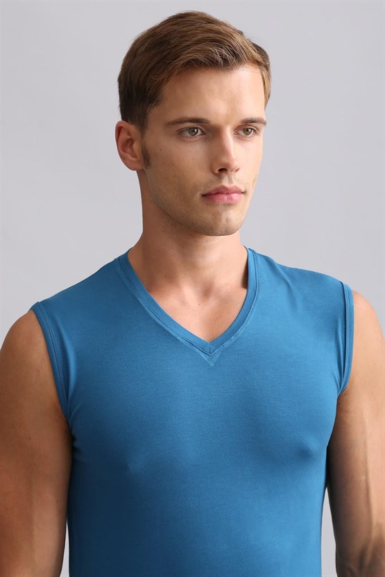 Mısırlı ORGANIC Pamuklu HERCULES Slim Fit V Yaka Sporcu Atlet / T-Shirt Petrol