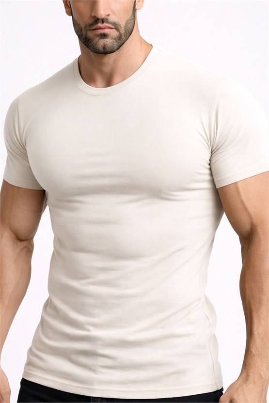 Mısırlı ORGANIC Pamuklu HERCULES Slim Fit Bisiklet Yaka Fanila Toprak Bej