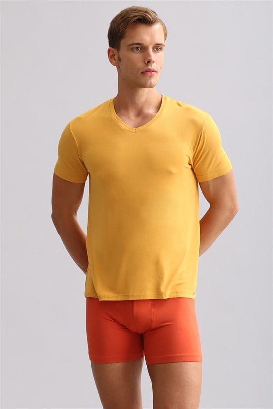 Mısırlı ORGANIC Pamuklu ZEUS LUXURY Regular Fit V Yaka Fanila / T-Shirt Hardal