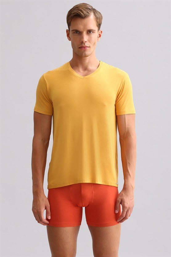 Mısırlı ORGANIC Pamuklu ZEUS LUXURY Regular Fit V Yaka Fanila / T-Shirt Hardal