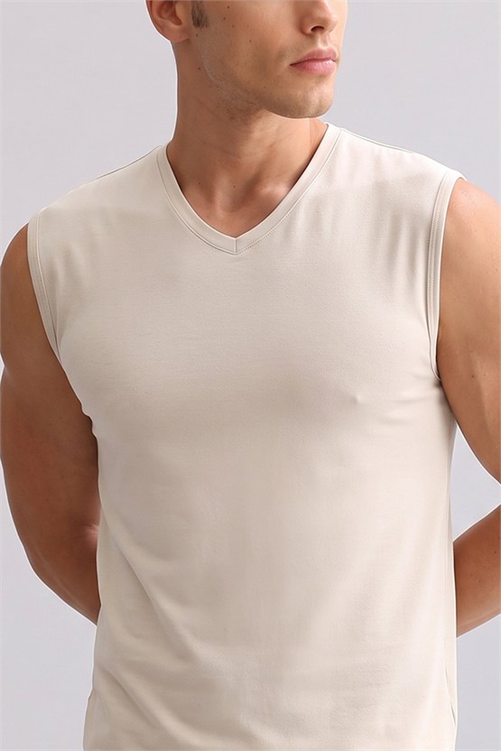 Mısırlı ORGANIC Pamuklu ZEUS LUXURY Regular Fit V Yaka Sporcu Atlet Toprak Bej