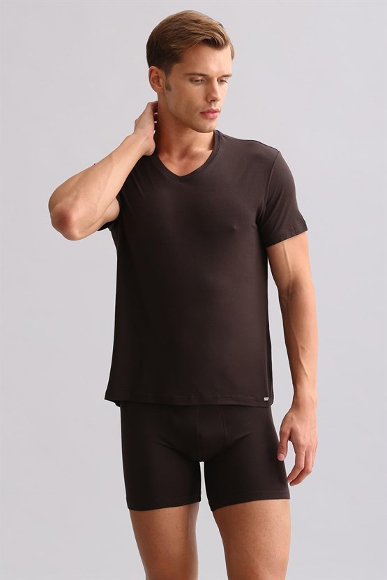 Mısırlı ORGANIC Pamuklu ZEUS LUXURY Regular Fit V Yaka Fanila / T-Shirt Kahverengi