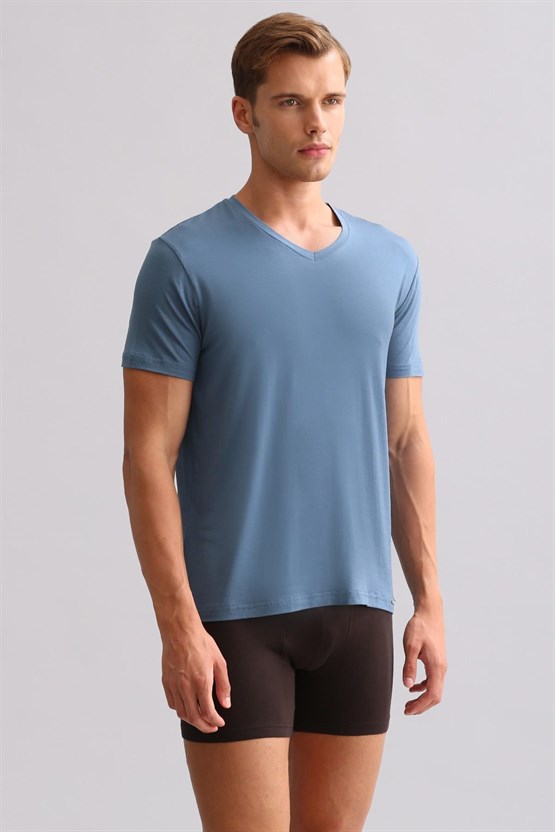 Mısırlı ORGANIC Pamuklu ZEUS LUXURY Regular Fit V Yaka Fanila / T-Shirt Gece Mavisi
