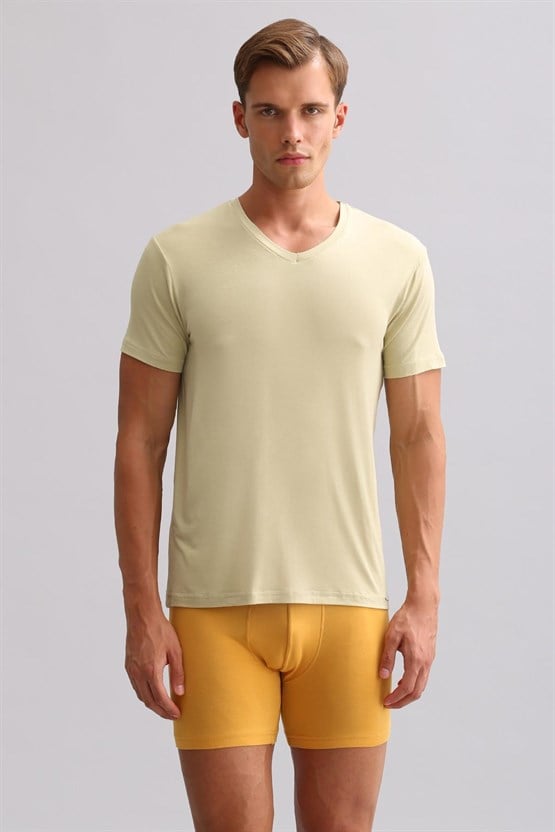 Mısırlı ORGANIC Pamuklu ZEUS LUXURY Regular Fit V Yaka Fanila / T-Shirt Haki Ada