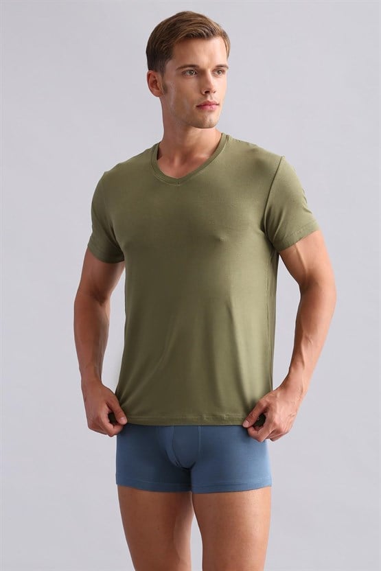 Mısırlı ORGANIC Pamuklu ZEUS LUXURY Regular Fit V Yaka Fanila / T-Shirt Haki Zeytin
