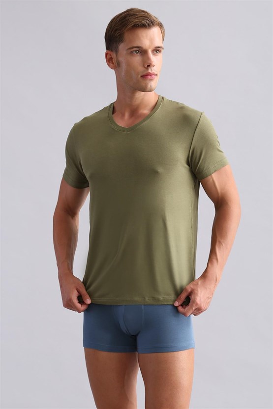 Mısırlı ORGANIC Pamuklu ZEUS LUXURY Regular Fit V Yaka Fanila / T-Shirt Haki Zeytin