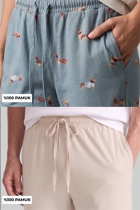 Mısırlı Pamuklu Erkek İkili Alt Pijama Baskılı Ada Çayı-Ekru