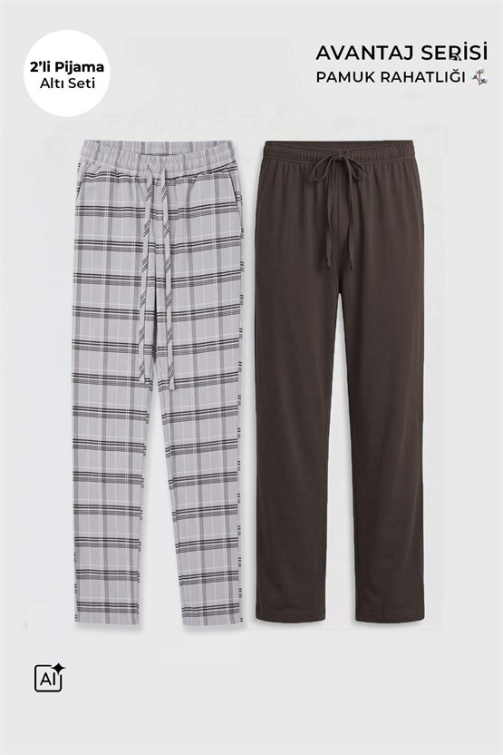 Mısırlı Pamuklu Erkek İkili Alt Pijama Ekose Gri-Kahverengi