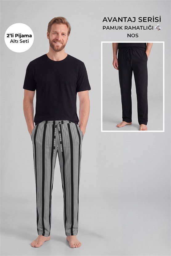Mısırlı Pamuklu Erkek İkili Alt Pijama Çizgili Siyah-Siyah