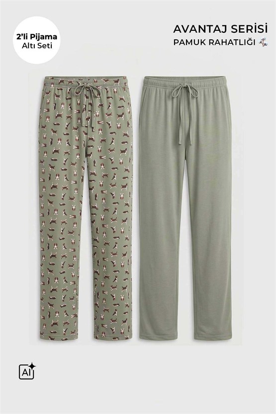 Mısırlı Pamuklu Erkek İkili Alt Pijama Baskılı Çağla Yeşil-Çağla Yeşil