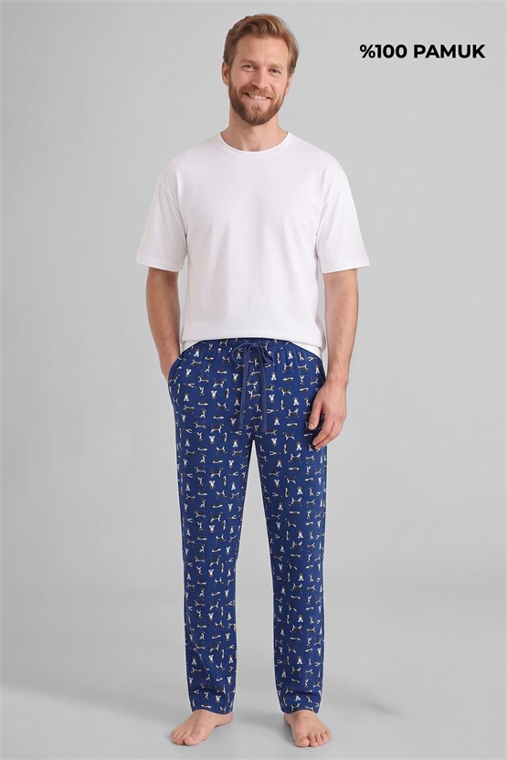 Mısırlı Pamuklu Erkek İkili Alt Pijama Baskılı Lacivert-Yeşil Melanj