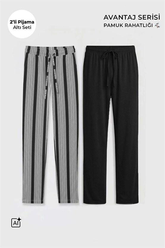 Mısırlı Pamuklu Erkek İkili Alt Pijama Çizgili Siyah-Siyah