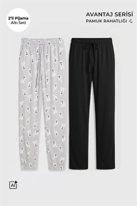 Mısırlı Pamuklu Erkek İkili Alt Pijama Baskılı Gri-Siyah