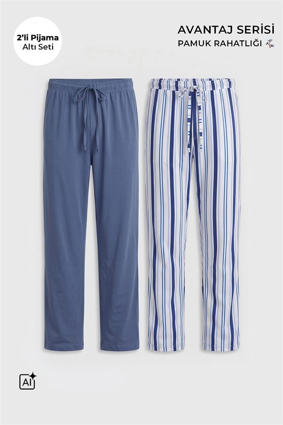 Mısırlı Pamuklu Erkek İkili Alt Pijama Çizgili Beyaz-İndigo