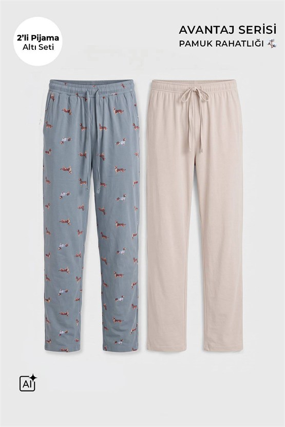 Mısırlı Pamuklu Erkek İkili Alt Pijama Baskılı Ada Çayı-Ekru
