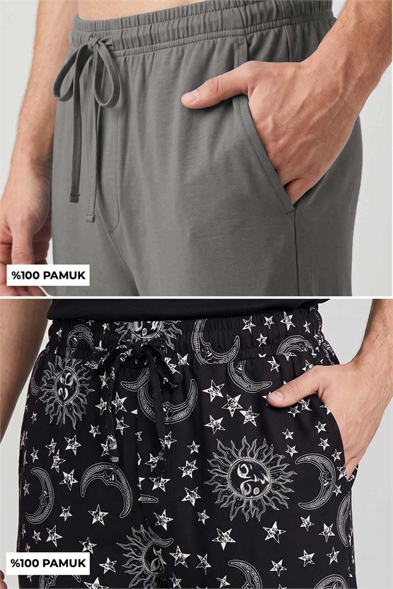 Mısırlı Pamuklu Erkek İkili Alt Pijama Baskılı Siyah-Koyu Gri