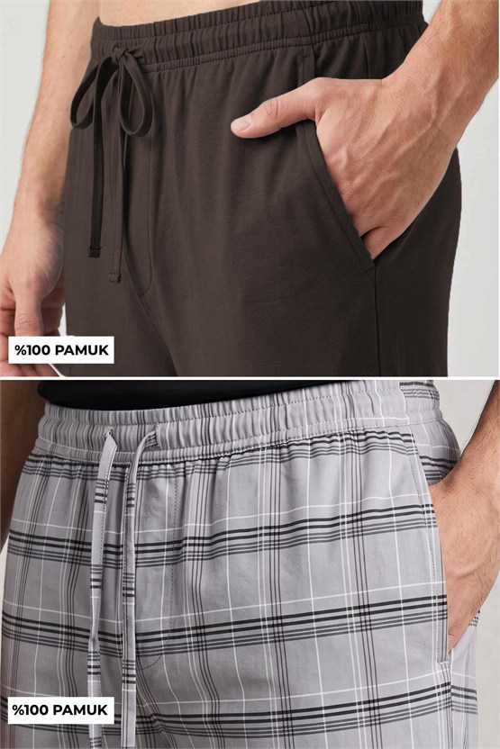 Mısırlı Pamuklu Erkek İkili Alt Pijama Ekose Gri-Kahverengi