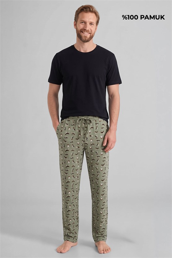 Mısırlı Pamuklu Erkek İkili Alt Pijama Baskılı Çağla Yeşil-Çağla Yeşil