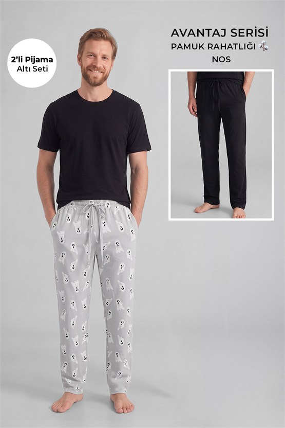 Mısırlı Pamuklu Erkek İkili Alt Pijama Baskılı Gri-Siyah