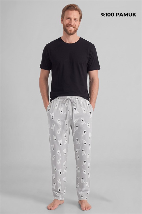 Mısırlı Pamuklu Erkek İkili Alt Pijama Baskılı Gri-Siyah