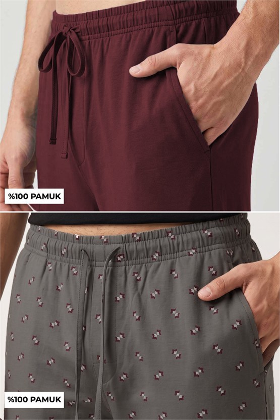 Mısırlı Pamuklu Erkek İkili Alt Pijama Antrasit Gri-Bordo